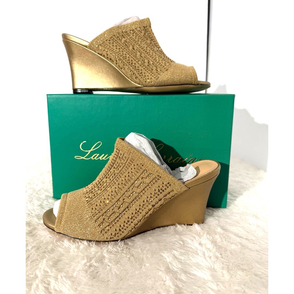 Lauren Lorraine Martha Gold Wedge Slide Sandals Rhinestone Open Toe 8.5 NIB